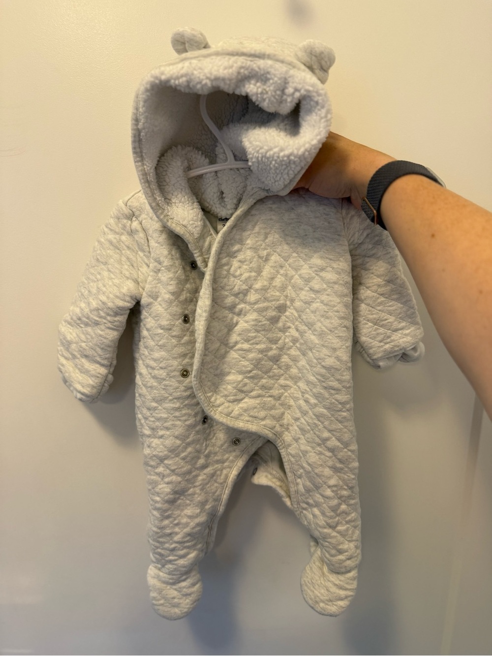 Carter's Quilted Hooded Baby Footie in Light Gray with Ears